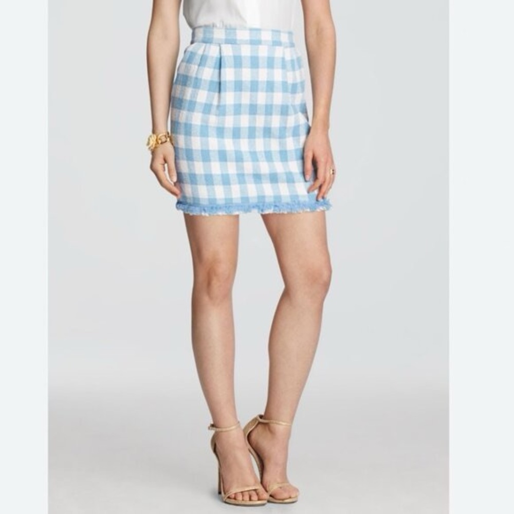 Draper James Blue and White Gingham Mini Skirt with Fringe Hem